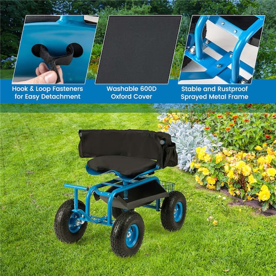 Costway Rolling Garden Cart Work Seat with Adjustable Height, Tool Tray & Storage Basket
